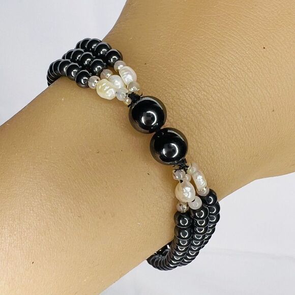Vintage Bracelet Faux Pearl Hematite Black Beaded Multi Strand PRETTY - Picture 1 of 7